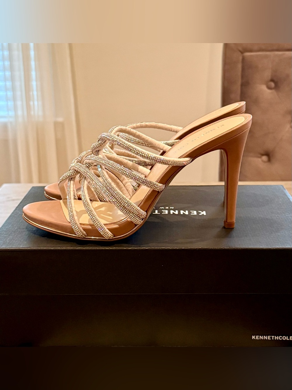 Kenneth Cole Brooke Twist Silver Crystal-Strap Stiletto Mules | Sz. 8.5 (NWB)